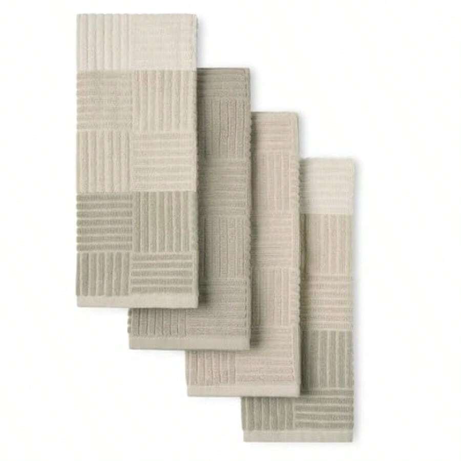 TOWN and COUNTRY BASICS - Juego de 4 Toallas de Cocina de Rizo Antimicrobiano absorbentes 100% algodón Lavable a máquina Beige 16 x 28 Pulgadas - Gris - Ver 1