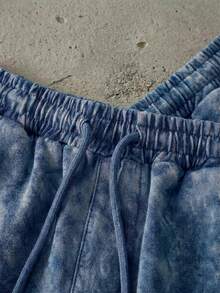 Conjunto mujer 100% algodón, estilo acid wash, camiseta de manga corta y shorts con ajuste de cordón y ESTAMPADO corazon imitación perla. - Azul Marino - Ver 4