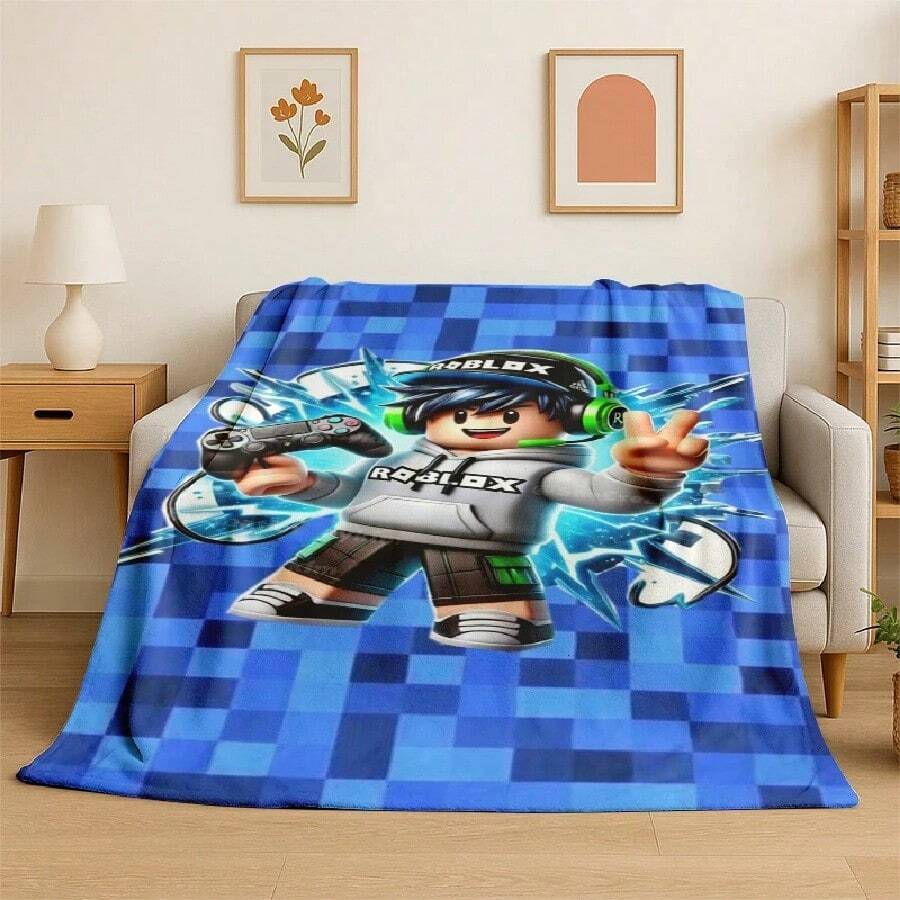 Cartoon R-Robloxs Game Gamer Flannel Blanket Soft Warm Throw Blanket For Bedroom Living Room Bed Travel Camping Picnic Gift.Jpg - trắng - Xem 1