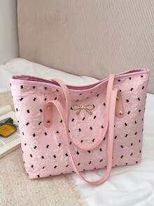 Large Capacity Handbag For Women, New Arrival Bow Decor Minimalist Fashion Korean Style Fresh Commuting Shoulder Tote Bag - Pink - View 10
