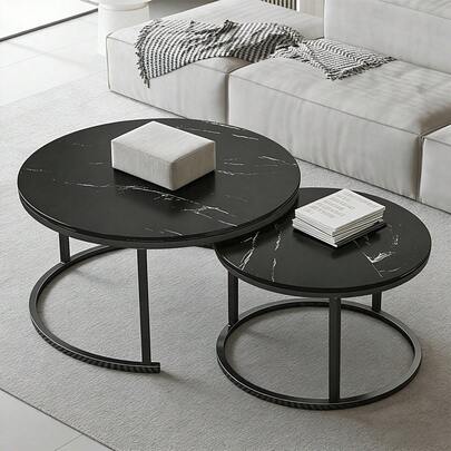 Tavolino da caffè rotondo placcato in oro, impilabile, con piano in marmo e struttura in metallo robusto, adatto come tavolino per soggiorni, camere da letto, balconi e patii.