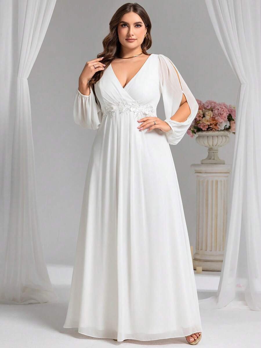 EVERPRETTY Đầm trắng thanh lịch, lãng mạn, cổ chữ V, xẻ tà, tay phồng, thêu họa tiết, thích hợp cho đám cưới, tiệc tùng, tiệc cô dâu, lễ đính hôn, mùa xuân/hè. - trắng - Xem 1