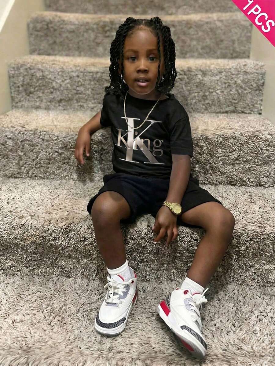 1PC Shirt, Boys' Cotton Round Neck T-Shirt, Casual And Comfortable Spring And Summer Short-Sleeved Printed Top - Black - View 1