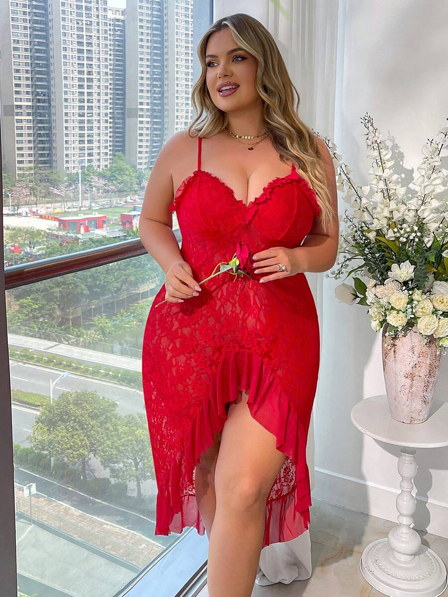 Plus Size Lace Sheer Ruched Slit Nightgown, Sexy Spaghetti Strap Lingerie Set - Red - View 1