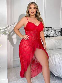 Plus Size Lace Sheer Ruched Slit Nightgown, Sexy Spaghetti Strap Lingerie Set - Red - View 6