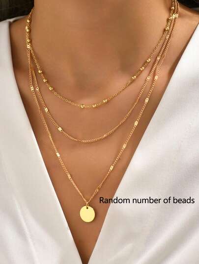 2pcs Layered Round Pendant Beaded Necklace For Women, Golden Color (Random Bead Quantity)