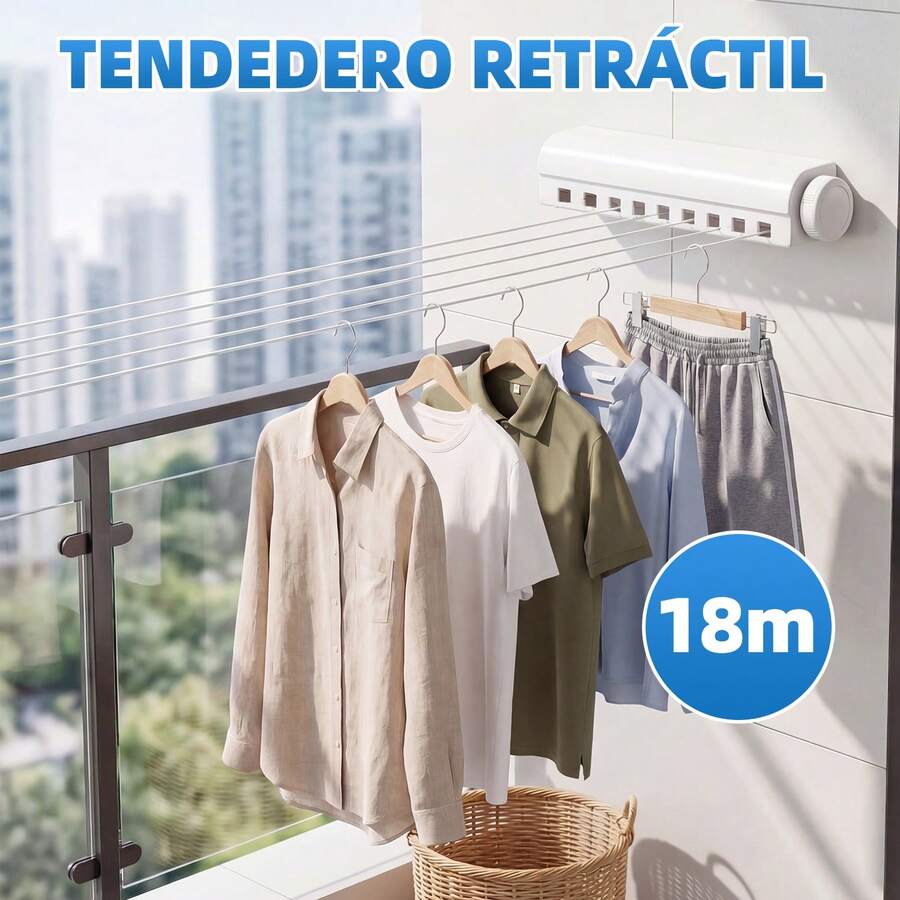 Tendedero Retráctil Extensible de 18 m para Pared, Blanco en ABS, Diseño Plegable y Compacto | Cuerda Oculta para Secar Ropa, Toallas y Sábanas | Ideal para Balcón, Apartamento, Espacios Pequeños y Exteriores - Ver 1