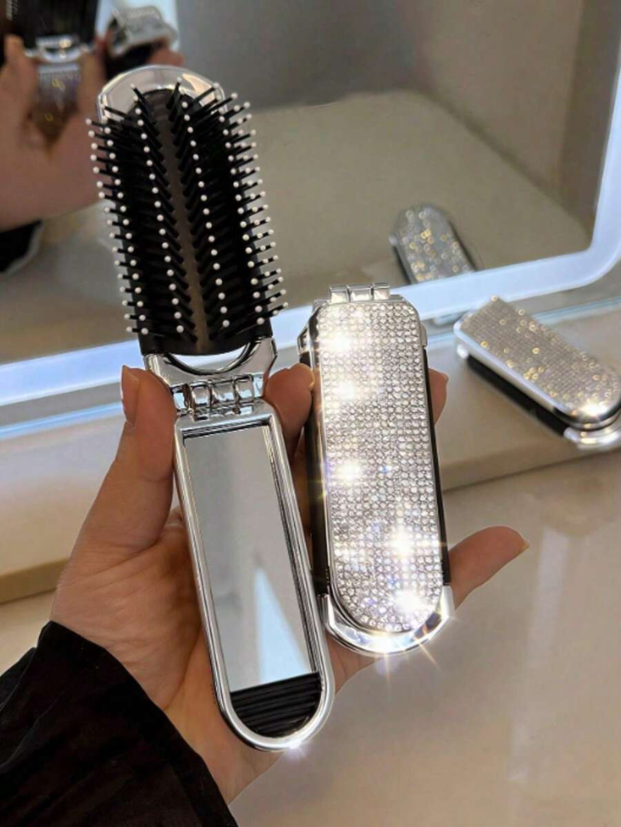 1pc Sparkling Rhinestone Folding Comb,Makeup Comb, Massage Comb, Luxury Mini Hair Brush With Mirror,Women's Hair Styling Compact, Portable Pocket Comb,Hair Products And Accessories For Barber Salon Beauty Travel Essentials,Perfect Gift For Family, Friends, Loved Ones,Ideal Birthday Gifts, Holiday Gifts, Party Gifts, Mother's Day Gifts,Wedding Gifts, Back-To-School Gifts - Multicolor - View 1