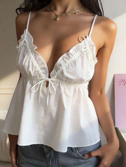 เสื้อเกาะอกสีขาวสุดเซ็กซี่ Y2K สำหรับผู้หญิง Sunny Girly, ดีไซน์จับจีบหน้าอกพร้อมโบว์ตกแต่ง, เสื้อสำหรับสตรีทแวร์ & เดินทาง & ลำลอง & วันหยุด