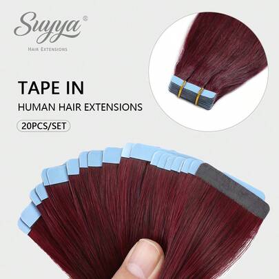 SUYYA 14 Inch Human Hair Tape In Extensions 20Pcs 99j Burgundy Tape Ins Human Hair Extensions For Women Seamless Tape In Hair Extensions Real Human Hair