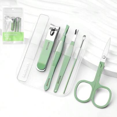 J·FOCUS 6pcs Professional Manicure Tool Kit, Stainless Steel Nail Clippers, Nail Scissors, Nail File, Ear Spoon Etc. With Storage Box, Suitable For Women And Men, Great For Travel, Home And Salon Use