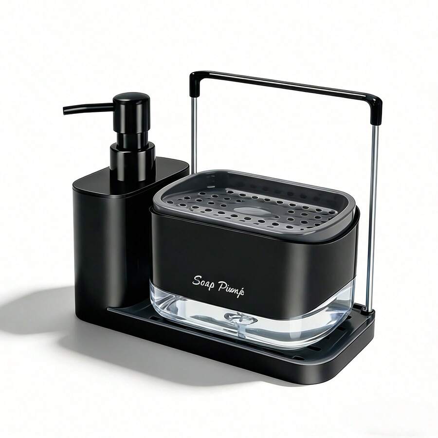 1件套四合一洗洁精收纳套装，厨房水槽带可拆卸支架，液体皂液器，浴室皂液器，黑色