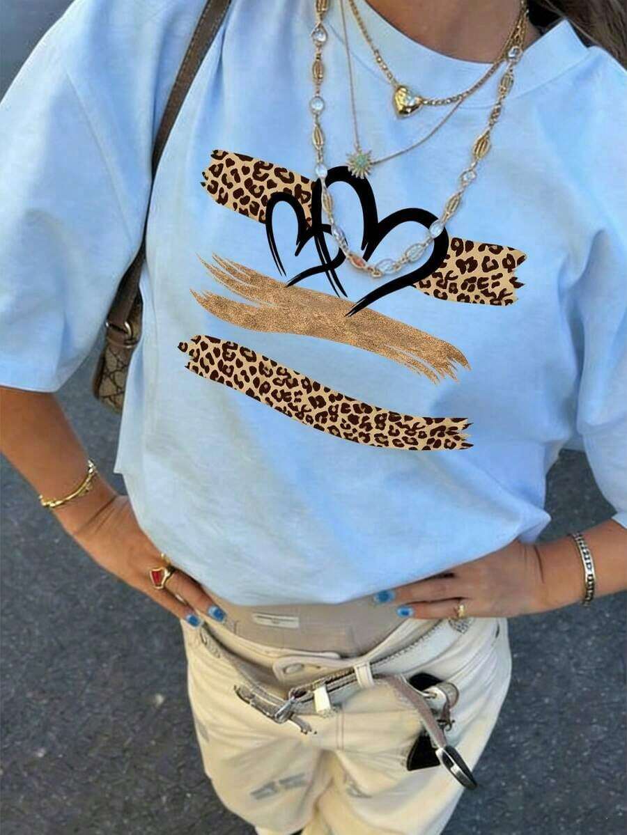 Summer TopsWomen's Summer New Simple Slogan Print Casual Vacation Style Loose Fit Round Neck Short Sleeve T-Shirt, Fashionable Everyday Top, Suitable - 淺藍色 - 查看 1