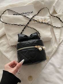 New Bowknot Embroidered Diamond-Pattern Boxy Chain Shoulder Crossbody Small Square Girl's Bag With Lipstick Texture - Black - View 6