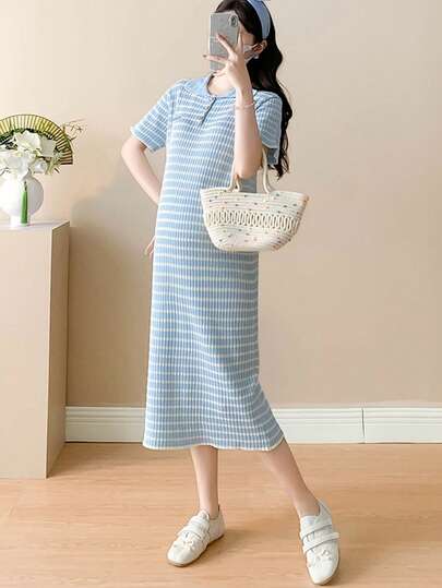 Maternity Dress, Short Sleeve Knit Lightweight Striped French Style Polo Dress, Flattering For Pregnant Women In Summer Elegant