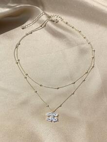 LADYCOCO 1pc Fashionable Elegant Chain Double-Layer Necklace With Cubic Zirconia Pendant, Suitable For Women - Gold - View 5