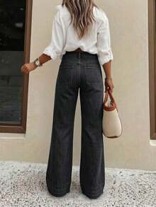 Nuevos pantalones vaqueros de pierna ancha de ajuste holgado y de alta calidad para mujer, cómodos para uso diario, para todas las estaciones, primavera - Negro - Ver 4