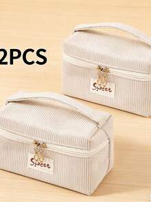 1pc Corduroy Makeup Bag With Letter Strap, Zipper Closure Portable Cosmetic Organizer, Suitable For Travel, Home, Unisex, All Seasons, Student Dorm, Mother's Day, Thanksgiving, New Year Gift - Multicolor - View 15