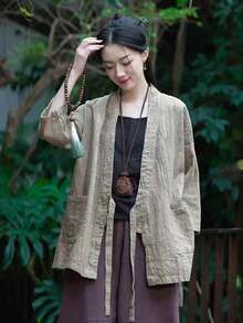 LUCIDVUE 1件女士中国风亚麻外套，春夏新款复古东方宽松系带腰身上衣，带口袋，休闲开襟汉服风外套 - 杏色 - 查看 3