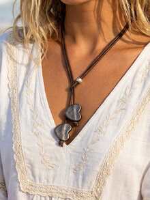 1pc Vintage Minimalist Heart Pendant Necklace, Leather Metal Faux Pearl Beaded Pendant Necklace, Suitable For Women's Daily, Party, Vacation Wear, Daily Gift, Holiday Gift - Multicolor - View 1