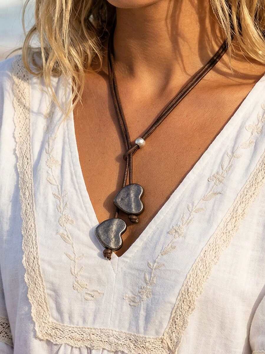 1pc Vintage Minimalist Heart Pendant Necklace, Leather Metal Faux Pearl Beaded Pendant Necklace, Suitable For Women's Daily, Party, Vacation Wear, Daily Gift, Holiday Gift - Multicolor - View 1