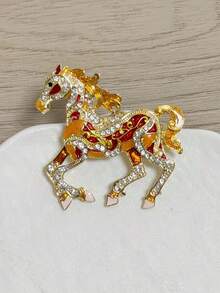 1pc Vintage Style Rhinestone Inlaid Horse Brooch, Enameled Animal Shaped Pin, Versatile Decoration For Clothes, Pants, Scarf, Hat, Shoes - Multicolor - View 10