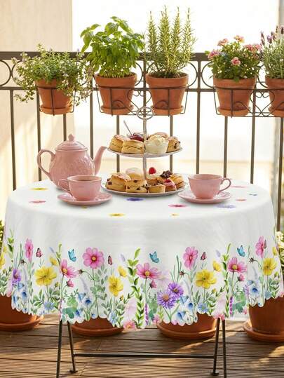1pc Delicate Spring Wildflower & Butterfly Print Tablecloth, Multipurpose Vintage Style Polyester Tablecloth With Ruffle Edges, Fade-Resistant Waterproof Wrinkle-Free Tabletop Protector, Suitable For Various Occasions Like Mother's Day Afternoon Tea, Housewarming Party, Year-Round Fresh Home Decor, Essential Dining Table And Event Decoration Accessory