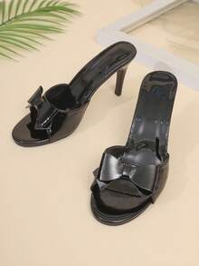 Women's Summer Patent Leather Pointed Toe High Heel Sandals, Open Toe Bowknot Backless Party & Work Shoes, French Sweet & Elegant Style Suitable For Teenagers - Black - View 2
