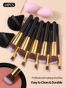 14件套完整化妆刷套装，含海绵和粉扑，专业美妆工具 - 黑色 - 查看 4