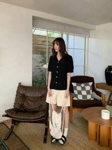 Black V-Neck Spring/Summer Short-Sleeved Loose-Fitting Front-Button Casual Women's Shirt - Black - View 3