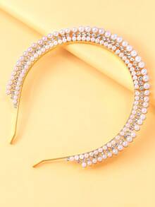 1pc Gold Tone Elegant Bridal Pearl Headband, Rhinestone Baroque Wedding Hair Accessory, Jewelry Gift - Gold - View 3