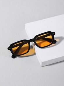 1PC Men's Casual Basic Retro Rectangular Fashion Glasses Suitable For Holiday Outings, Daily Outfit Matching, And Work Commuting - Black Orange - View 7