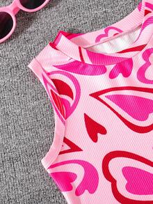 Set de 2 vestidos casuales sin mangas con estampado de corazón y costillas para niñas, para uso al aire libre - Rojo - Ver 4