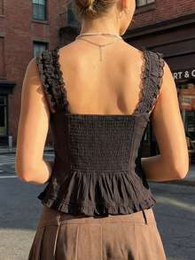 Women Y2K Button Front Tank Top Cute Solid Color Lace Trim Frilled Crop Vest  Vintage Rfuffled Hem Slim Fit Camisole Summer Streetwear Going Out Coquette Blouse - 黑色 - 查看 4