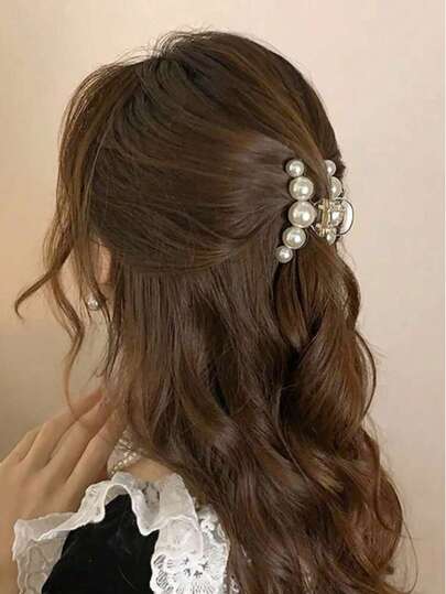 1 pieza Pinza de pelo con decoración de perla falsa de 7cm, de estilo dulce y sencillo para uso diario, elegante tiara, pinza de pelo, mordaza de pelo, pinza de pelo, accesorio de pelo para la escuela, la universidad, accesorios de pelo con perlas para vacaciones, atuendos de mujer para verano y playa