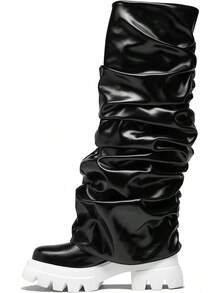 Women's Platform Round Toe Mid Calf Boots With Chunky Heel - Black - View 2