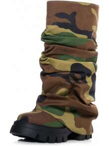 Women's Platform Round Toe Mid Calf Boots With Chunky Heel - Camo-style-blue - View 12