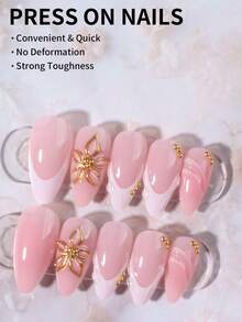 24片杏仁形3D凝胶美甲贴纸，花卉法式美甲图案，带珍珠装饰，适用于亚克力指甲，包含1瓶胶水和1个指甲锉，适合女性日常工作、节日和派对场合。 - 彩色 - 查看 3