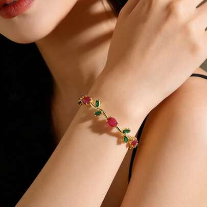 1件14K镀金时尚优雅热销彩色锆石叶子和花朵手链/郁金香手链，精致轻盈，适合日常佩戴、约会、派对、生日礼物、周年纪念礼物和情人节礼物。