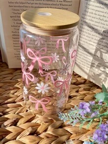 1 Bộ/Cốc trà xanh nơ hồng, Cốc cà phê ống hút, Cốc nước ép ống hút dùng tại nhà/văn phòng, Cốc nước ống hút nhà bếp - Cốc thủy tinh nơ nữ tính - Nhiều màu - Xem 9