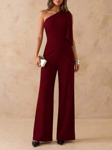 Women's Elegant Chic Minimalist Solid Color Twist Waist Wide Leg Jumpsuit - Burgundy - View 3