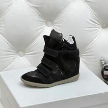 ISAb Parisian-Style Color-Block Retro Suede High-Top Sneakers With Hidden Wedge Heel.Invisible Heel / Internal Wedge.Vibrant Color-Blocking.High-Top - Black - View 6