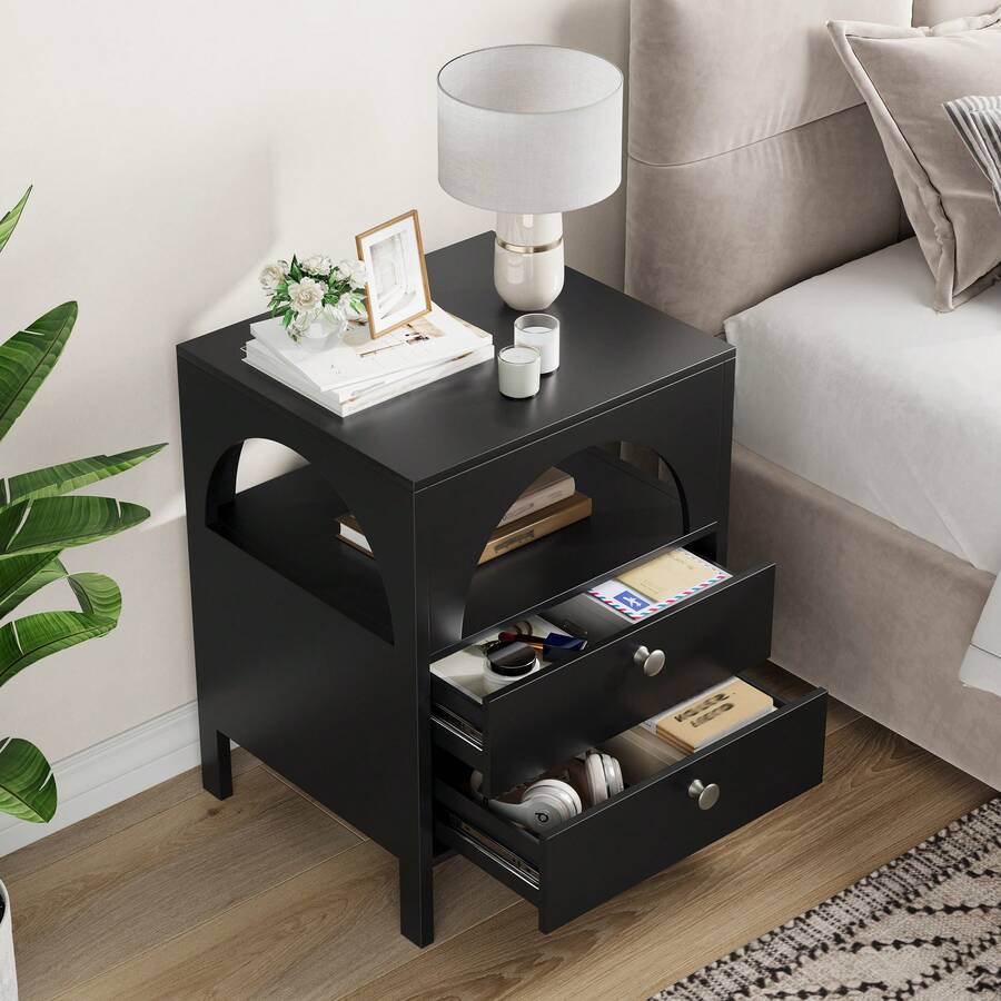 Modern Bedside Table With 2 Drawers And 1 Open Compartment, Suitable For Living Room, Bedroom And Hallway, Black, 45 X 40 X 58 Cm, 1 Piece - Black + Medium Density Fiberboard - View 1