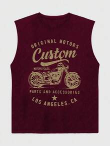 Rompi Pria Ukuran Besar Motif Motor Vintage Musim Panas, Gaya Retro Amerika Jalanan Los Angeles, Pakaian Musim Panas, Cocok untuk Pemakaian Sehari-hari - Burgundy - View 3