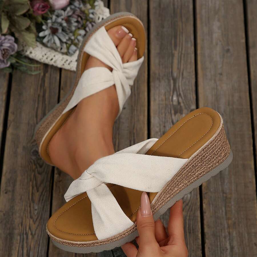 Summer Platform Sandals Women's Sandals Bow-Knot Flats Wear-Resistant Beach Travel Slippers Shoes Wedges Heels Outdoor Beach Walking Travel - 米色 - 查看 1