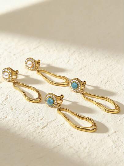 1 par de pendientes con clip de acero inoxidable chapado en oro de 18K con forma ovalada, estilo de moneda vintage con colgante geométrico de rhinestone para mujeres sin orejas perforadas