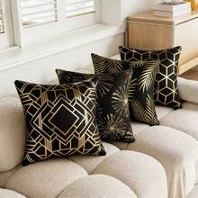 1pc Plush Foil Print Throw Pillow Cover, For Living Room, Sofa, Bedroom - Gold Leaf - View 4