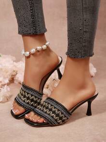 Square Toe Vintage Embroidered Fashionable Versatile High Heel Sandals, Suitable For Commuting, Dating, Business Wear In Summer - Black - View 7