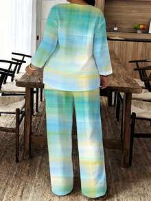One Women's 2-Piece Set With All-Over Blue, Green And Yellow Gradient Plaid Print, Daily Casual, Polyester Fabric, Lightweight And Breathable, Women's Set, Summer, Women's Fashion Set - 彩色 - 查看 3