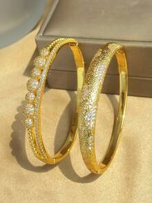 18K Gold Plated Anti-Fading Pave Zirconia Textured Bangle Bracelet Set For Women, Luxury Elegant Beaded & Hammered Cuff Bracelets - Multicolor - View 8